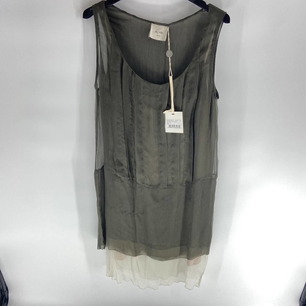 Alysi green cream bottom sleeveless pleat shift mini dress NWT Womens 4